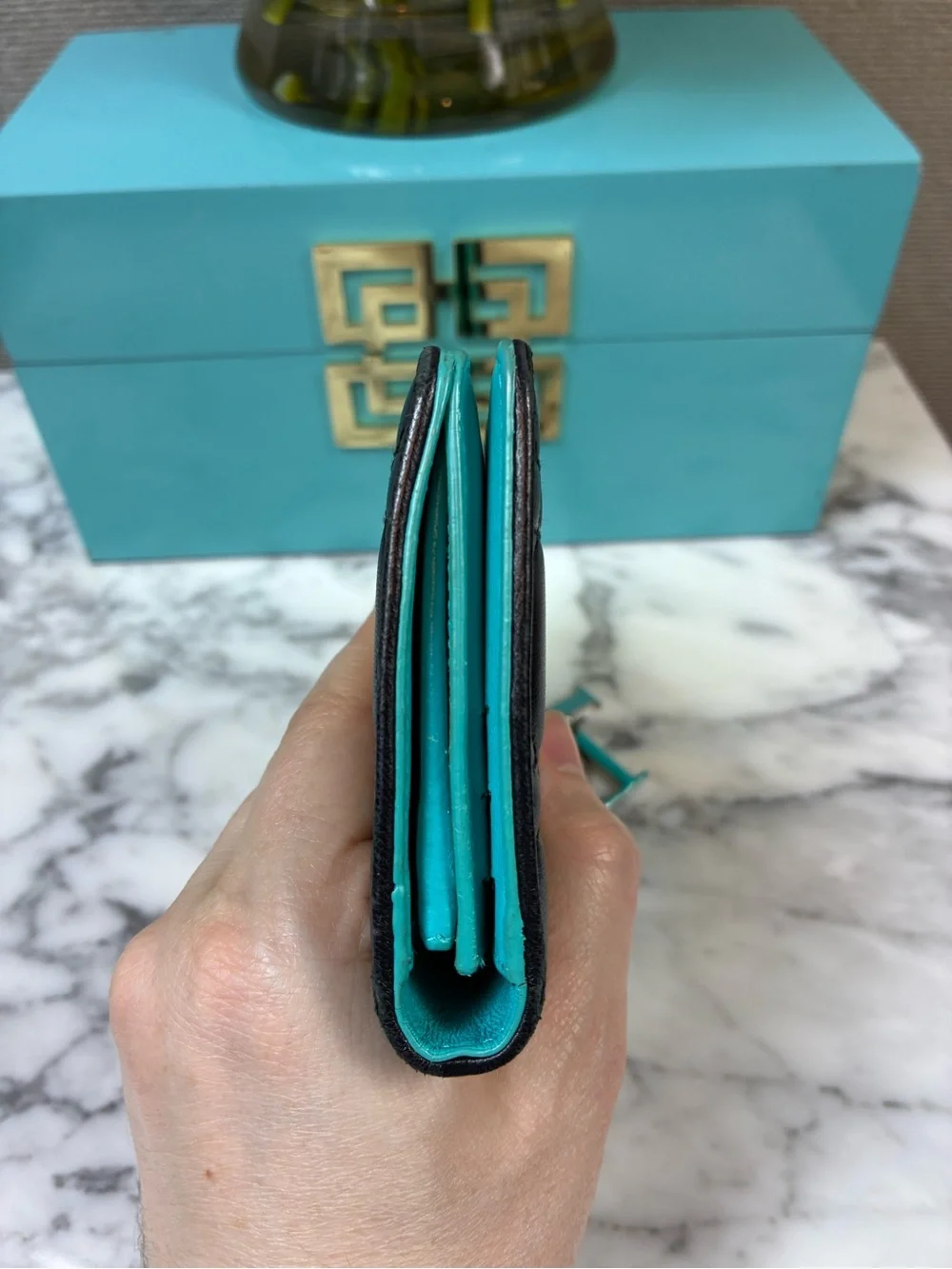 Christian Dior Black Leather Cannage Snap Wallet Teal Interior - Fair Condition